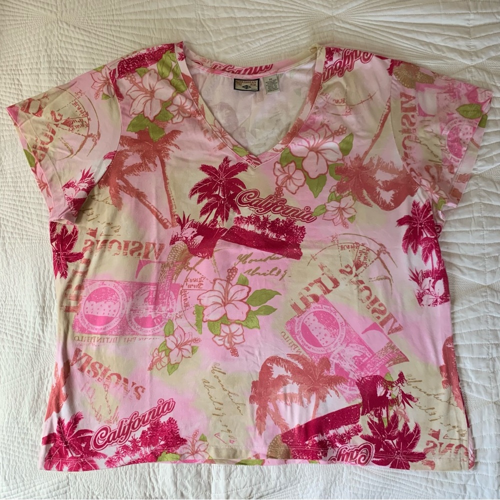 Caribbean Joe California Tropical Pink Short Sleeve Shirt 95% Cotton 5% Spandex